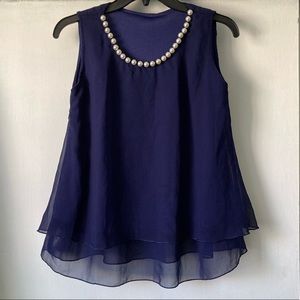Blue Pearl Details Flowy Sleeveless Blouse